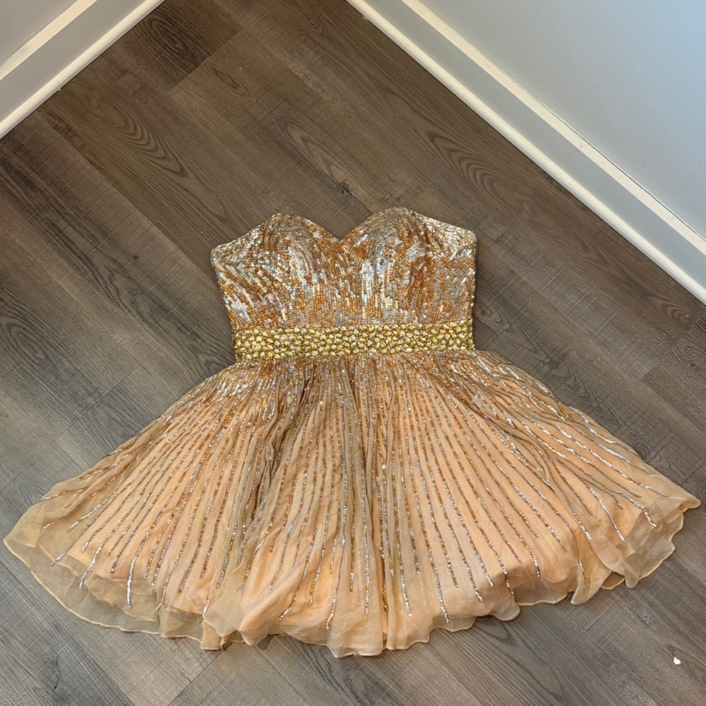 Sherri Hill Gold Sequin Strapless Prom Dress size 12